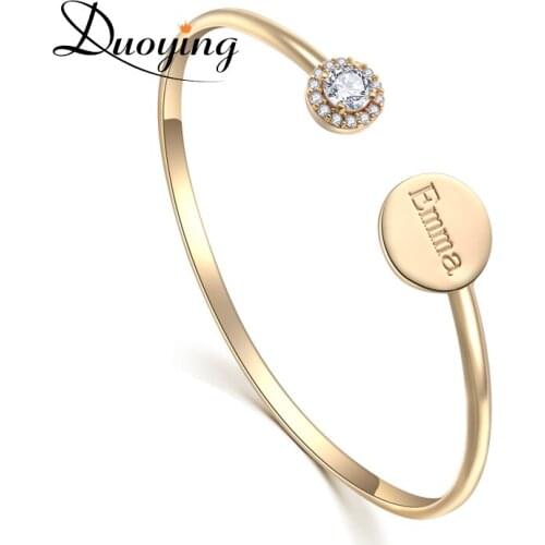 3UMeter Zircon Bracelets Custom Name Gold Color Love Cuff Bangles Personalized Engraved Monogram Disc Bracelet Jewelry for Women