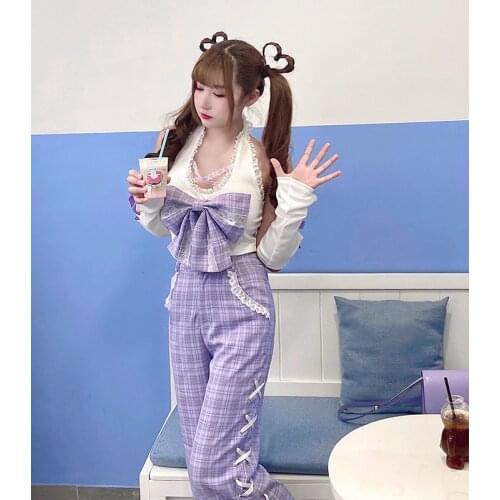 New Spring Summer Women Harajuku Violet Lattice Pants Streetwear High Waist Casual Fashion Hip Hop Female Trouser