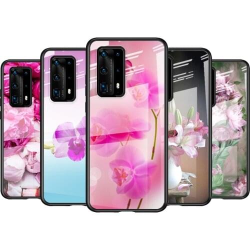 Tempered Glass Cover Pink Flower Peony For Huawei P40 P30 P20 P10 Pro Plus Lite 5G 2019 Shockproof Shell Phone Case