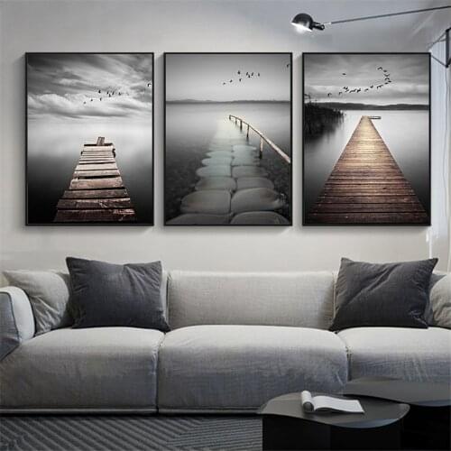 Black and White Poster Wood Bridge Birds Canvas Art Print Coastal Wall Painting Decoration Pictures for living Room Home Decor