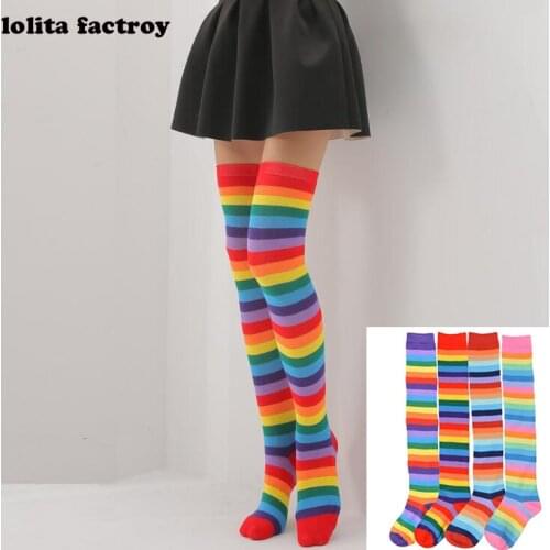 Rainbow Stripes long Women Girls Kawaii Lolita Cotton Long Striped Thigh High Stocking Anime strip zebra Cosplay Over Knee Socks