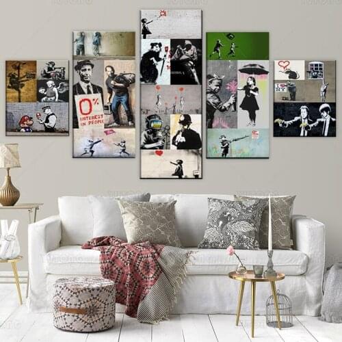 Graffiti Wall Art Banksy Pictures Street Art Paintings Art in Brick Lane Artwork 5 Pieces Canvas Home Decor for Living Room
