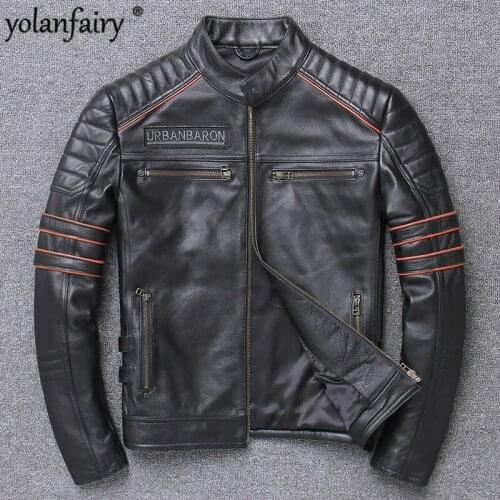 Mens Leather Jacket Real Fur Coat Cow Leather Spring and Autumn Punk Style Short Slim No Cool 2020 Hot 730 PWX45