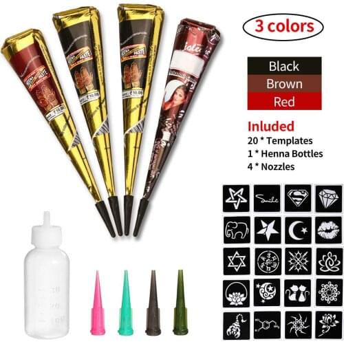 Temporary Tattoo Templates Kit Black Herbal Henna Cones Indian Body Art Paint Ink DIY Natural Color Waterproof Tattoo Set