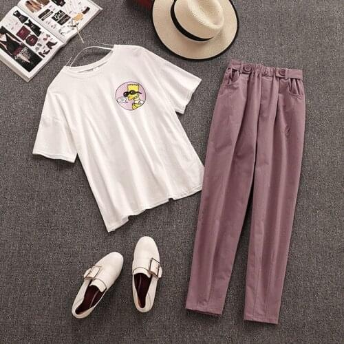 2020 Summer New Arrival Fashion 2 Piece Pants Sets Wome Loose Cartoon Printed Short Sleeve Tshirt + Ankle-Length Haram Pants