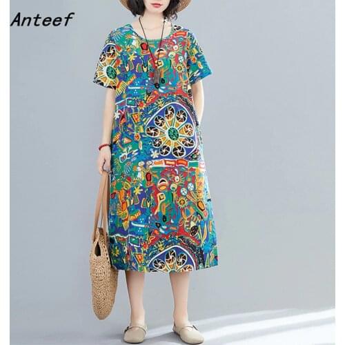 Short sleeve plus size cotton linen vintage floral dresses for women casual loose long woman summer dress elegant clothes 2021