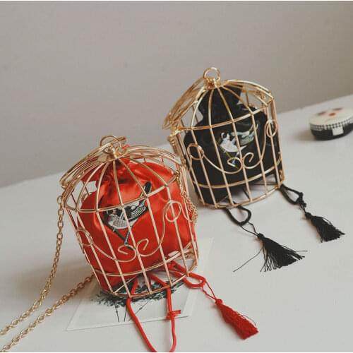 Hot Womens Birdcage Evening Bag Clutch Metal Frame Embroidery Bucket Bird Cage Mini Bag Purse Women Gold Tassel Handbag