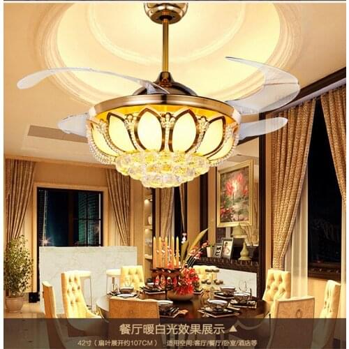 Ceiling Fans K9 crystal Electroplate Golden luxurious LED Fans light Invisible fan blade telecontrol adjustable 32/36/42 inch