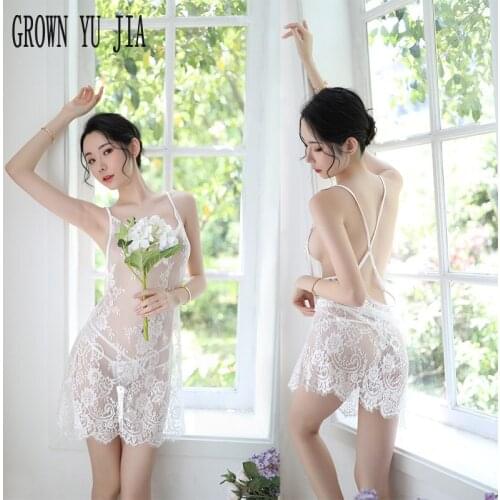 Sexy Women Backless BabyDoll Nightwear Erotic T-back Hot lingerie Nightgowns lace hollowed out Sling Skirt porno Exotic Apparel