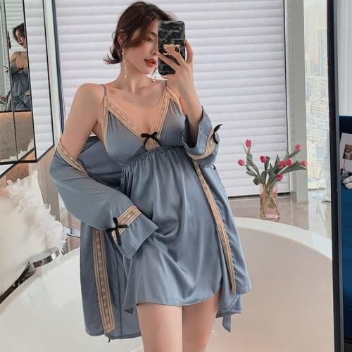 Silk Robe Sleep Suit Satin Pajamas Morning gown silk like Nightgown womens sexy suspender nightdress with bra ice silk pajamas