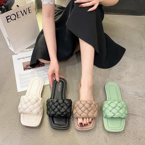 New Fashion Weave Slippers Women Square Toe Flat Casual Shoes Women Slide 2021 Summer Flip Flops Beach Sandal Slipper Big size41