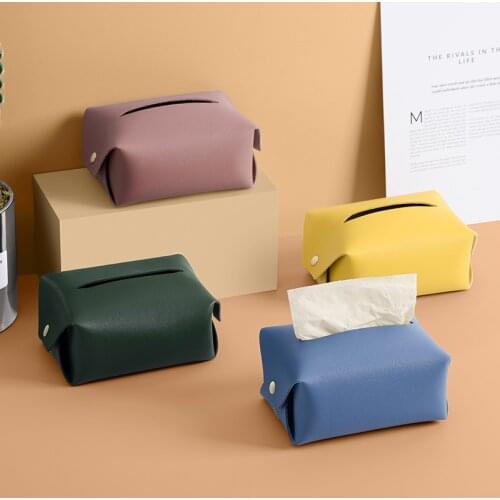 Tissue Box Cover Soft Solid color PU Leather Foldable Handkerchief Box Napkin Holder Living Room Kitchen Desktop Tissue Boxes