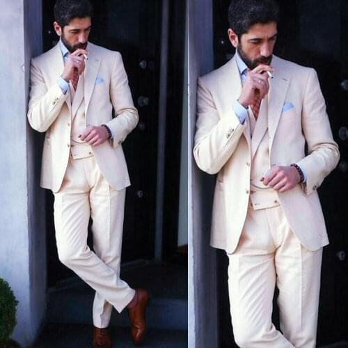 Vintage Beige 3 PCS Mens Suit Formal Wedding Suit For Men 2020 Groom Tuxedos Prom Party Casual Tailored Coat Vests