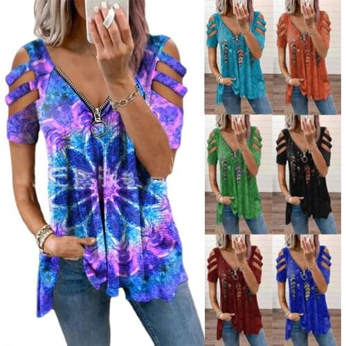 V Neck Zipprt Short Sleeve Top Summer Sexy Women Printed Hollow Out Plus Size T Shirt Fashion Loose Off Shoulder Casual Shirts