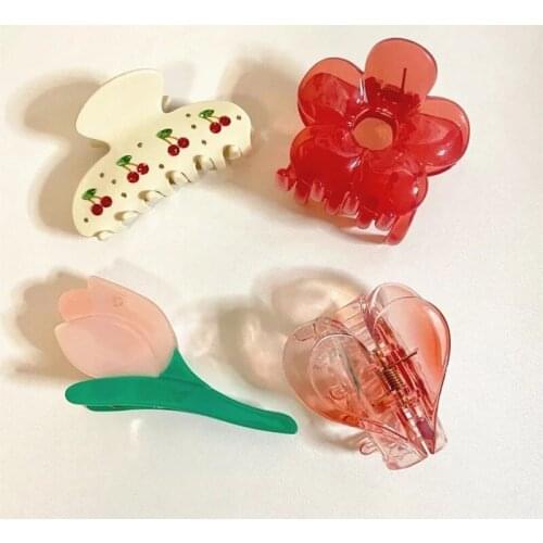 2021 Summer Fashion Pink Acrylic Flower Tulip Heart Hair Claw Clips for Women Crystal Cherry INS New Hairgrip Hair Accessories