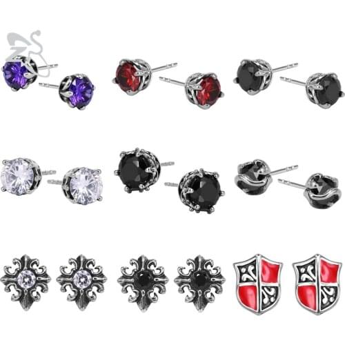 ZS 1 Pair Punk Style CZ Crystal Stud Earrings Unisex Retro Stainless Steel Ear Studs Vintage Round Statement Earring Clearance