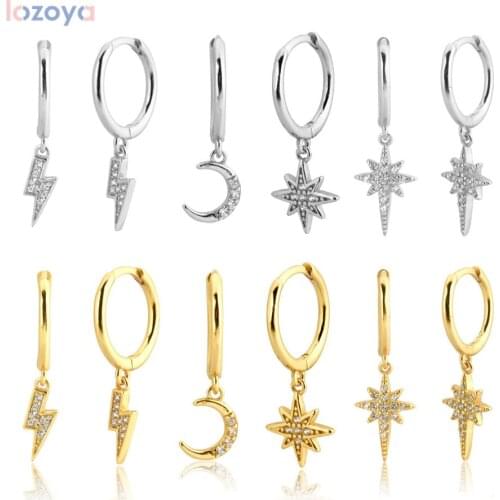 LOZOYA 925 Sterling Silver 8.5mm Moon Women Jewelry SnowFlower Dangle Charm Earring Drop Luxury Zircon CZ Fashion Piercing