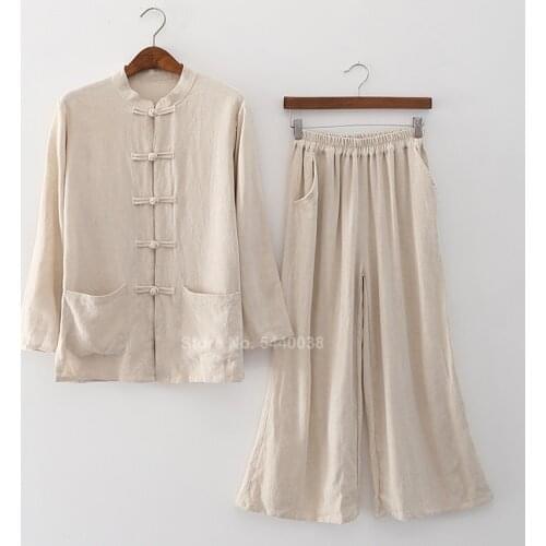 Cotton Linen Traditional Chinese Tops for Women Vintage Tang Suit Tai Chi Uniform Long Sleeve Jacket Trousers Kungfu Suit