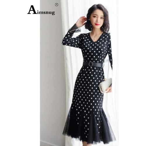 Vintage Black White Polka Dot Ruffle Hem Fishtail Dress Women Spring Autumn High Waist Casual Office Lady Streetwear The Dress
