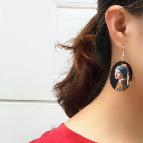 1 Pair Creative Vintage Oil Painting Earrings Minimalism Cartoon Design Female Ear Hooks Danglers Jewelry Gift N58F