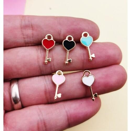 10Pcs/lot Mini Heart Shape Key Enamel Charms Pendant Carousel Metal Charm For Earrings Bracelet DIY Jewelry Making Golden Base