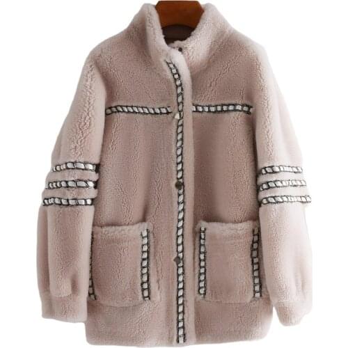 2020 Fashion Sheep Sheared Fur Coat Women Winter Loose Stand-up Collar Skin Fur Together Jacket Large Size Wool Outwear KW269