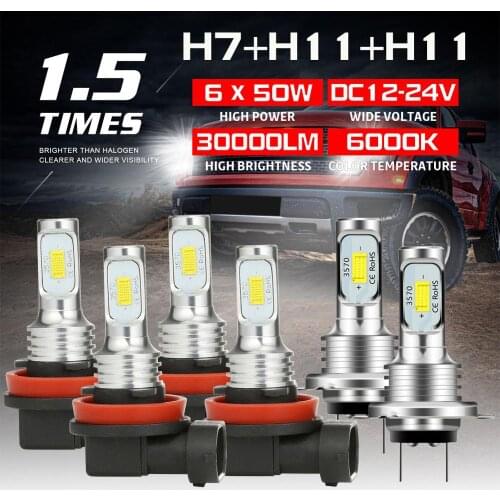 4pcs H7+H11+H11 LED Headlight Combo High Low Beam Fog Light 6x Bulbs 9-32V 6000K White 10000 LM /Pair Fog Light Headlight Bulb
