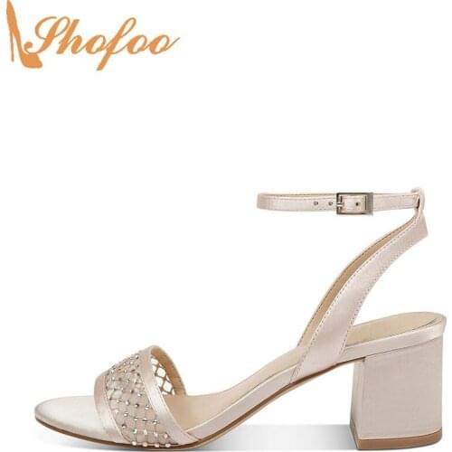Champagne Crystal High Chunky Heels Sandals Peep Toes Buckle Ankle Strap Large Size 14 16 Lady Women Fashion Party Shoes Shofoo