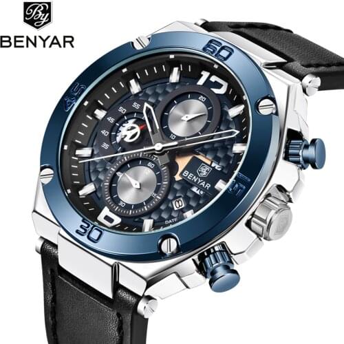 Watch Men BENYAR Quartz Chronograph Mens Watches Top Brand Luxury Gold Watch Fashion Genuine Leather Clock Relojes Hombre 2019