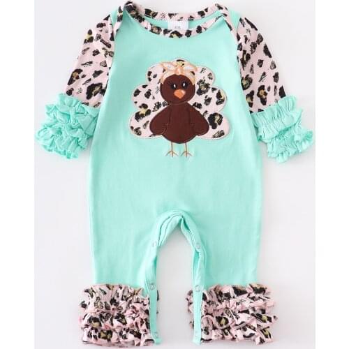 Girlymax Thanksgiving Fall Autumn Jumpsuit Ruffle Mint Turkey Leopard Long Sleeve Baby Girls Kids Clothing Infant Romper Toddler