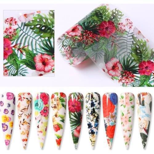 10Pcs/Set Nail Foils Summer Tropical Flowers Leaves Transfer Stickers Leopard Snake Print Nail Art Stickers Manicures Wraps