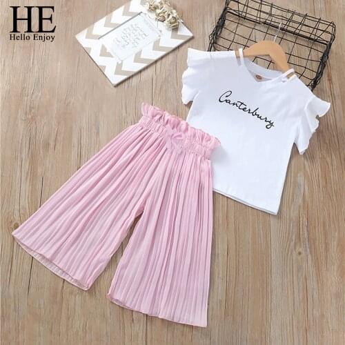 HE Hello Enjoy Girls Clothing Sets Summer 2020 Kids Short Sleeve T-shirt +Wide Leg Pants Suits Children Teenager Clothes 3-12Y