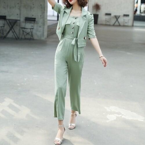 New Women Summer Womens Set Short Sleeve Coat And Spaghetti Strap Wide Leg Pants Suit Two Piece Set Casual Office Lady Overalls