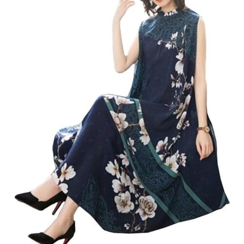 Summer Vintage Print Mulberry Silk Long Dress 2021 Casual Loose 4XL Plus Size Dress Women Elegant Bodycon Party Vestidos FC1279