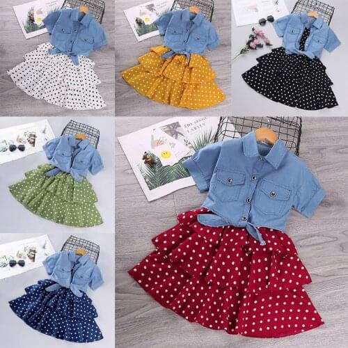 Teenager Girls Summer Layered Dress Suit Suspender Polka Dot Skirt+Denim Short Sleeve Coat Top 2PCS Denim Dress Clothing