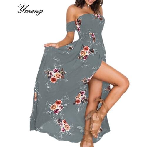 YMING Summer Women Dress Off Shoulder Chiffon Beach Split Dresses Boho Long Vestidos Elegant Clothes For Ladies