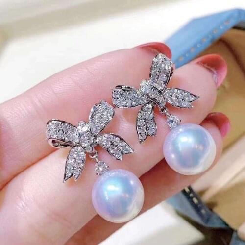 M216 Solid 925 Sterling Silver Round 9-10MM Nature Fresh Water White Pearls Drop Dangle Earrings for Women Fine Birthday Gifts