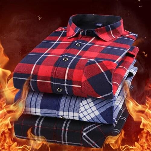 Pop Spring Autumn Mens Long Sleeve Plaid Warm Thick Fleece Lining Shirt Fashion Soft Casual Flannel Male Shirt Plus Size L-4XL