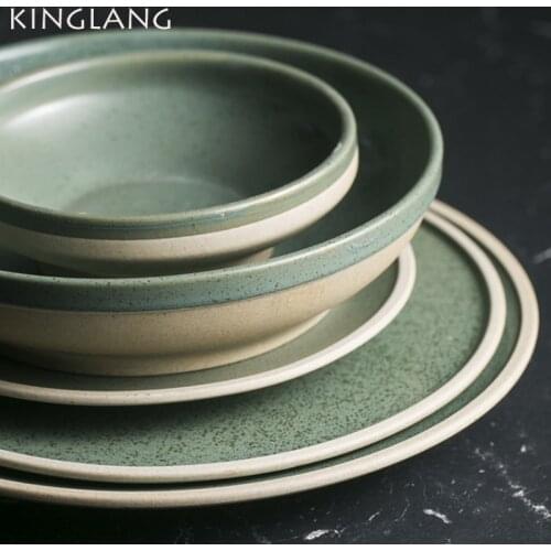 Exclusive KINGLANG 2/4 Person Set Mint Color Ceramic Dinnerware Set Creative Western Big Steak Plate Salad Bowl