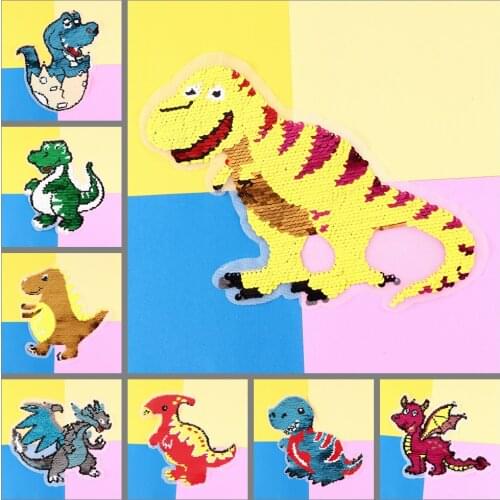 Fashion Large Sequins Dinosaur Patch for Clothing Applique for Jeans DIY Accessories Cute Reversible Change Color Sew on Patches