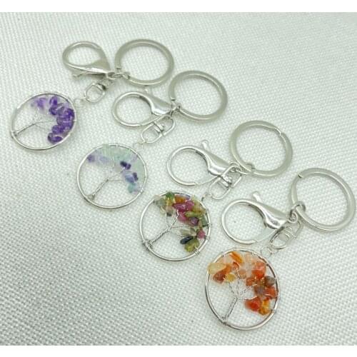 Natural Stone Quartz Crystal Round Tree of Life Pendant Handmade Key Keychain Ring Key Ring for Men Women Car Bags Accessories
