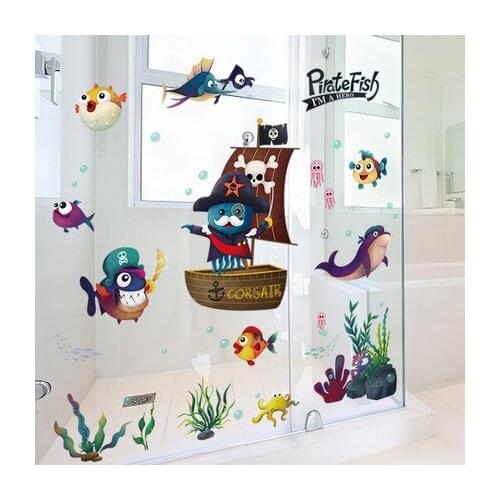 107*80CM Pirate Fish Wall Sticker Cartoon Animation Underwater World Bathroom Decor Poster Animal Kitchen Stickers Pool Mural