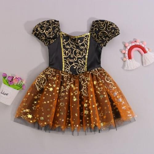 Girls Halloween Yarn Dress Black Square Collar Short Puff Sleeves with Sequins Sweet Cute Princess A-line Dress