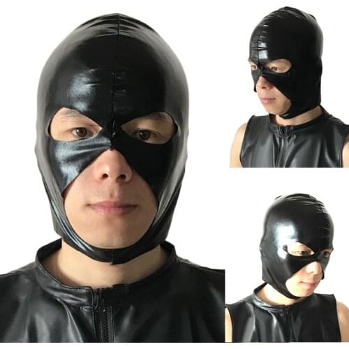PVC Black Mask Full Head Hood Cosplay Costume Party 3 Holes Artificial Leather Hot Wet Look Spandex