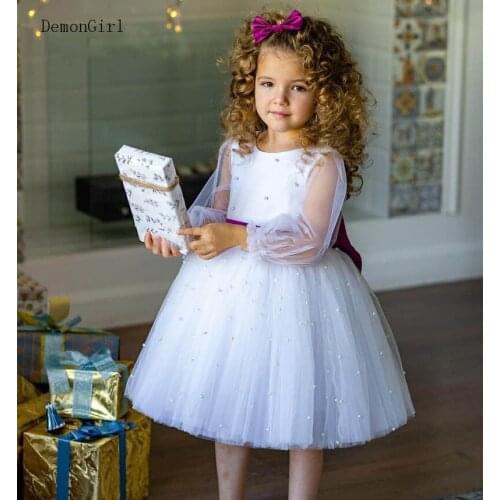 Puffy Layers White Flower Girl Dresses Satin Bow Princess Kids Long Sleeve First Communion Dresses Birthday Gown