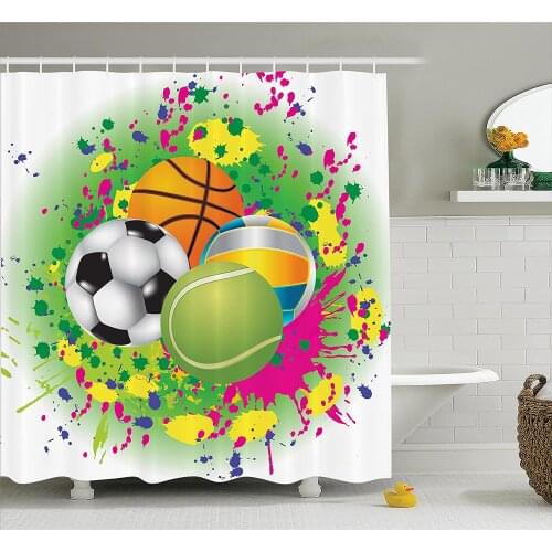 Sports Shower Curtain Collection of Sports Balls On Watercolors Splash Vibrant Art Graphic Kids Playroom Bathroom Curtains