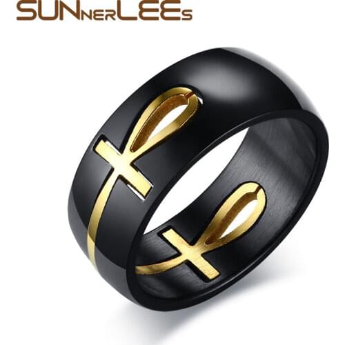 SUNNERLEES Titanium Stainless Steel Rings 8mm Black Gold Color High Polished Removable Men Boy Ring Jewelry Gift R-367