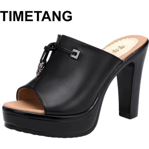 TIMETANGPlus Size 32-43 Block Heel Platform Shoes Women Slippers Summer 2021 Open Head Bow High Heels Slides Ladies Wedding Shoe