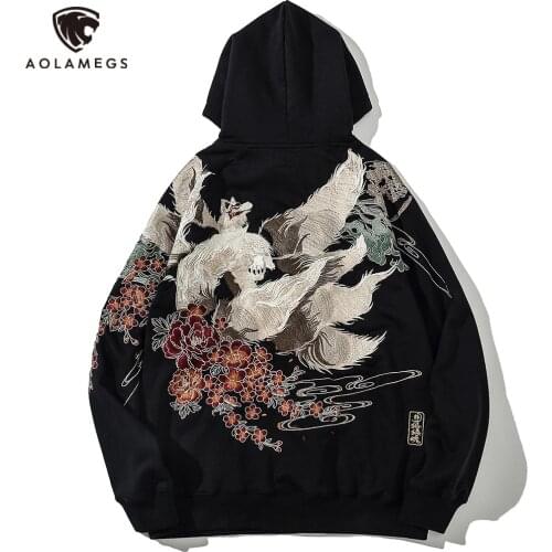 Aolamegs Hoodies Embroidery Sweatshirt Men Hip Hop Pullover Retro Black Hoodie 2021 Autumn Streetwear Harajuku Casual Hooded Top