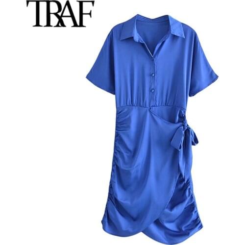 TRAF Women Chic Fashion With Tied Soft Touch Wrap Mini Dress Vintage Short Sleeve Elastic Waist Female Dresses Vestidos